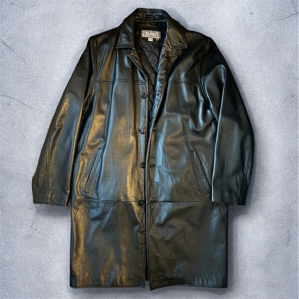 Wilson’s Leather Vintage Leather Trench Coat Black Jacket Size Large